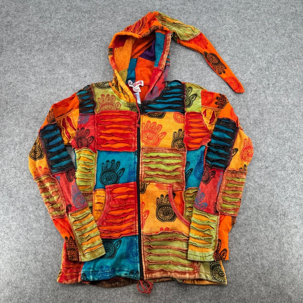 EzHippie Mens Patchwork Razor Cut Hamsa Pixie Hood Zip Up Jacket Multicolor M